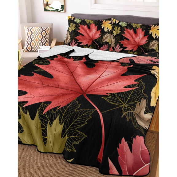 Fall Maple Leaf Full Size Down Alternative Comforter, Lightweight Comforter Quilt Bedding Set with Pillow Shams Thanksgiving Botanical Leaves Black All Seasons Bed Comforter Duvet Insert 78"x90"