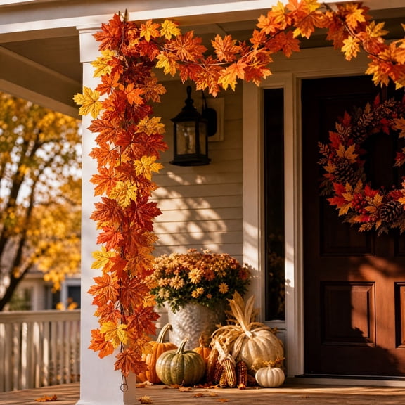 Fall Maple Leaf Garland with 36 Leaf Clusters, Artificial Autumn Vine for Thanksgiving, Halloween, Mantel, Staircase, Doorway and Harvest Table Decorations, 78.74 Inch