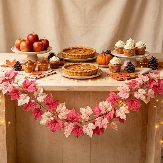 Fall Maple Leaf Garland, 5.9 Ft Pink Autumn Garland, Thanksgiving Decorations for Mantel Fireplace, Fall Table Centerpiece, Autumn Home Decor for Porch Staircase Doorway