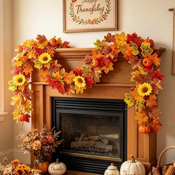Fall Maple Leaf Garland 68.9 Inch - Artificial Multicolor Thanksgiving Halloween Vine Decor for Mantel Staircase Doorway