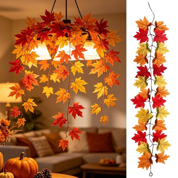 Fall Maple Leaf Garland Artificial Vines Halloween Thanksgiving Decoration Hanging Rattan Home Party Decor Mantel Wall Window Holiday Scene Display Autumn Harvest Accent