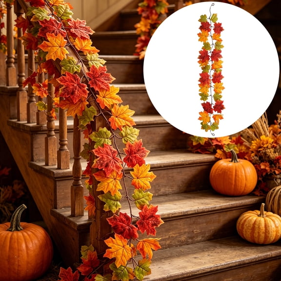 Fall Maple Leaf Garland Artificial Vines Halloween Thanksgiving Decoration Hanging Rattan Home Party Decor Mantel Wall Window Holiday Scene Display Autumn Harvest Accent