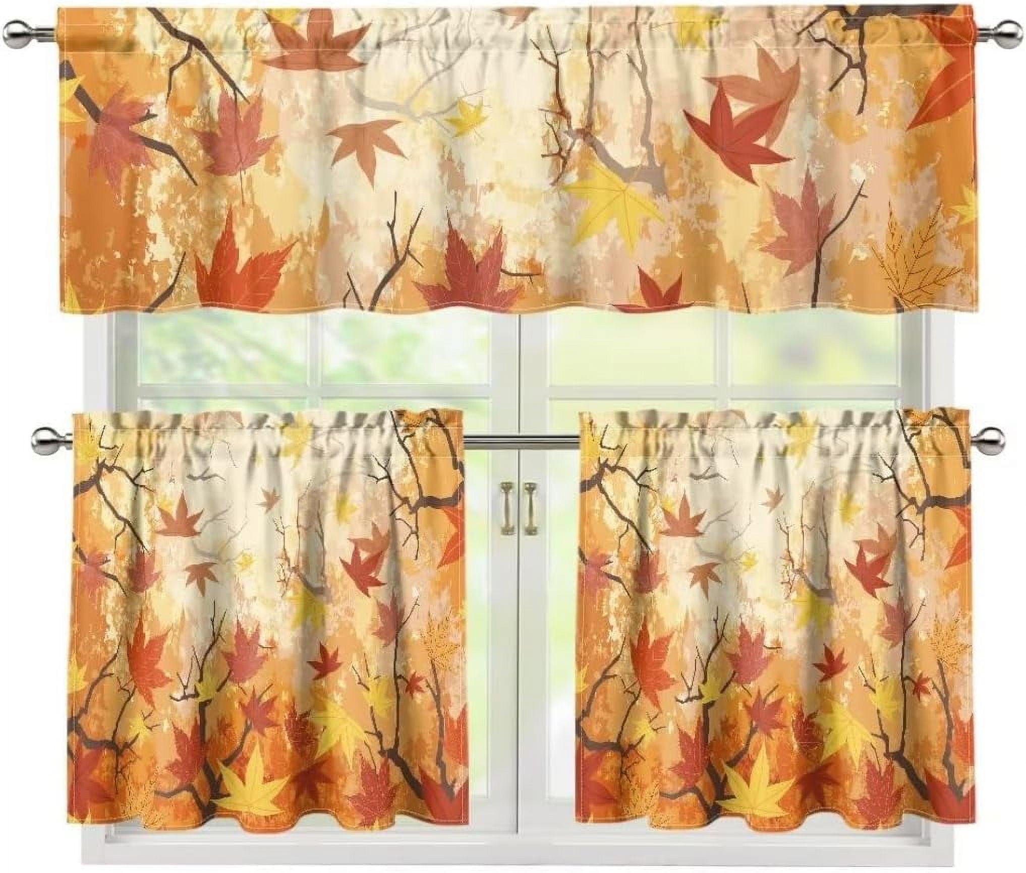 Fall Maple Leaf Kitchen Curtains Valance and Tiers Set Farmhouse Window ...