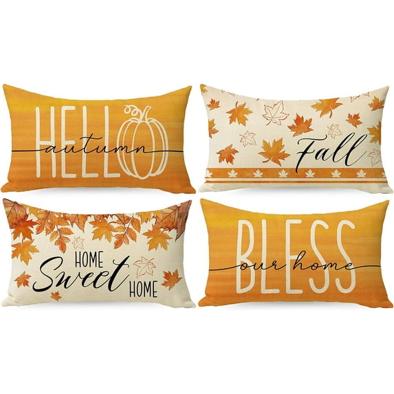 Fall Maple Leaf Lumbar Decorative Throw Pillow Covers 12 x 20 Set of 4, Hello Autumn Leaves Thanksgiving Rectangle Cushion Case Decor, Bless Our Home Sweet Home Farmhouse Sofa Couch Decoration