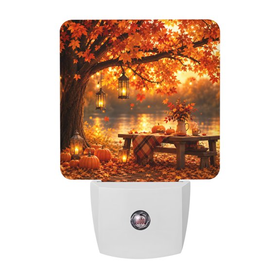 Fall Maple Leaf Night Lights, Lakeside Serenity Orange Golden Pumpkins Tree Rustic Smart Auto Dusk to Dawn Sensor Nightlights Plug-in Nightlight for Bedroom Bathroom Living Room Kitchen Hallway