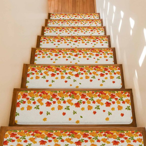 Fall Maple Leaf Non-Slip Stair Treads for Wooden Steps, 15 Pack 8x30 Inches Carpet Stair Mats with Adhesive Backing, Noise-Reducing Step Covers for Indoor Stairs, Easy to Install & Residue-Free