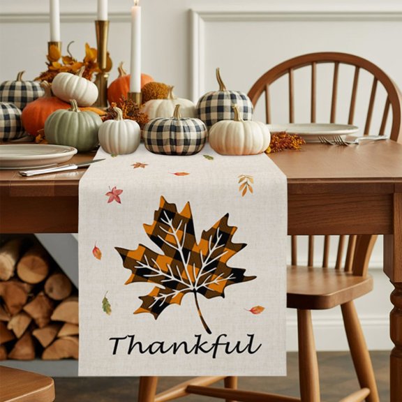 Fall Maple Leaf Orange Buffalo Plaid Table Runner 13x36in Non-Slip Cotton Linen Table Runners, Thanksgiving Thankful Quote Dresser Scarves TableRunner for Dinner Kitchen Dining Wedding Party