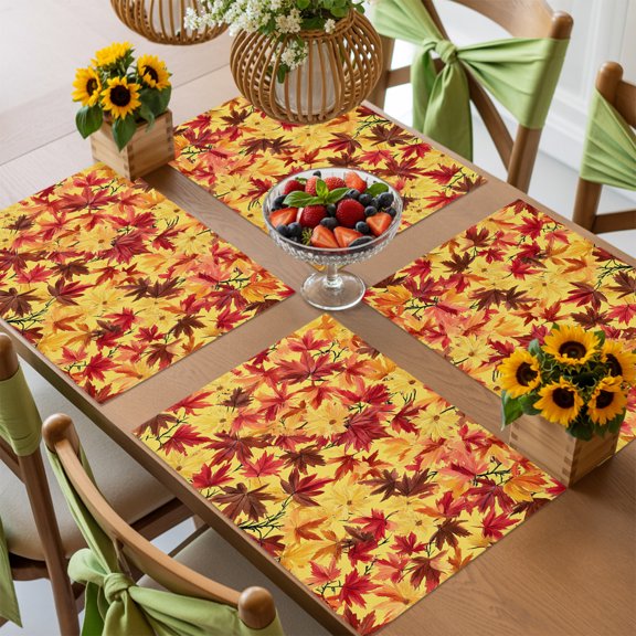 Fall Maple Leaf Placemats Set of 4,Wipeable Washable Table Mats for Dining Tables, Autumn Orange Yellow Red Brown Leaves Place Mats for Kitchen Event Party Tabletop Decor