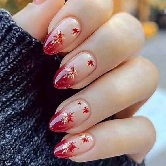 Fall Maple Leaf Press Nails Medium Tip Nails with Design Red Tip Maple Leaves False Nails Stick Nails for Women DIY Manicure Tips Thanksgiving Decoration 24 count