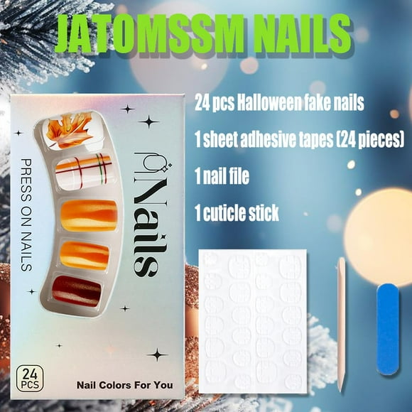 Fall Maple Leaf Press-on Nails - Short Square Fake Nails with Lattice Design, Thanksgiving Full Cover False Nails, 24Pcs