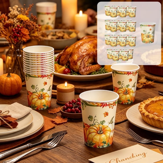 Fall Maple Leaf Pumpkin Disposable Paper Plates Cups Napkins Set 24Pcs,B