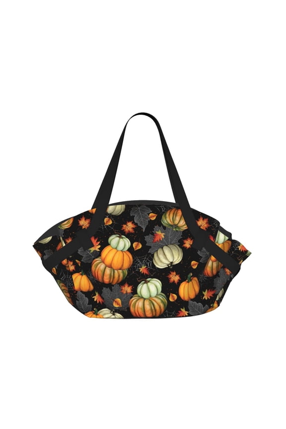 Fall Maple Leaf Pumpkin Spider Web Circular Beach Blanket Picnic Mat for 2 – Foldable into Tote Bag, Waterproof Sandproof Portable Outdoor Rug with Pockets & Snaps for Camping, Travel, Park