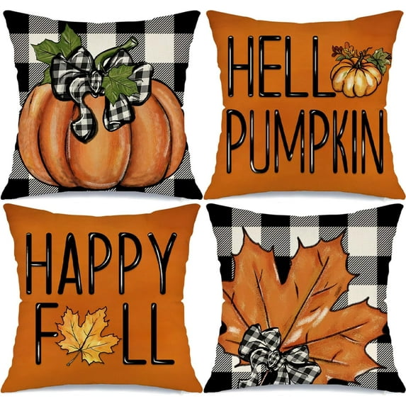 Fall Maple Leaf Pumpkin Throw Pillow Covers Thanksgiving Farmhouse Decorations Buffalo Plaid Outdoor Fall Decor Pillow Covers 18x18 Set of 4 Harvest Autumn Cushion Case for Sofa Couch