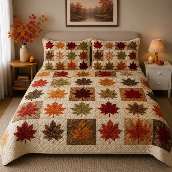 Fall Maple Leaf Quilted 3-Piece Bedding Set, Autumn Leaves Patchwork Quilt