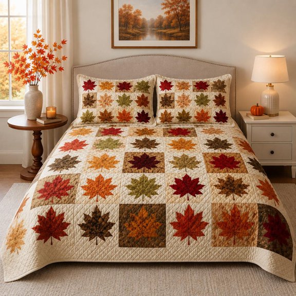 Fall Maple Leaf Quilted Bedding Set, Autumn Leaves Patchwork Quilt, Rustic Farmhouse Bedspread, Thanksgiving Bedroom Decor, Fall Gift