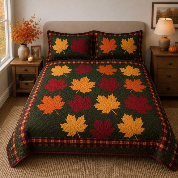 Fall Maple Leaf Quilted Bedding Set, Autumn Leaves Quilt, Plaid Farmhouse Bedspread, Thanksgiving Bedroom Decor, Rustic Fall Gift