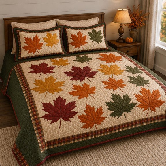Fall Maple Leaf Quilted Bedding Set, Autumn Leaves Quilt, Rustic Farmhouse Bedspread, Thanksgiving Bedroom Decor, Cozy Fall Bedding