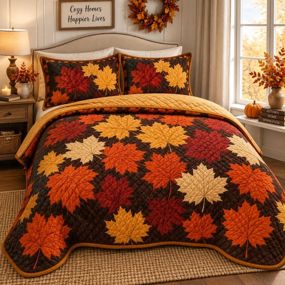 Fall Maple Leaf Quilted Bedding Set, Autumn Leaves Quilt, Thanksgiving Bedspread, Rustic Farmhouse Bedroom Decor, Cozy Fall Gift