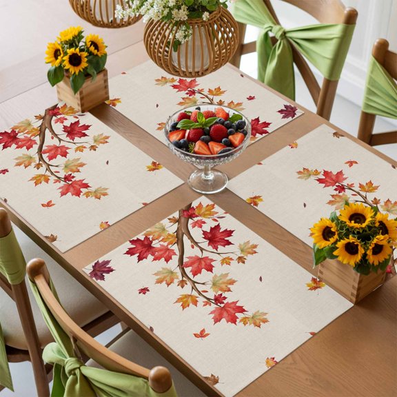 Fall Maple Leaf on Retro Linen Placemats Set of 4,Wipeable Washable Table Mats for Dining Tables, Farmhouse Fallen Leaves Place Mats for Kitchen Event Party Tabletop Decor