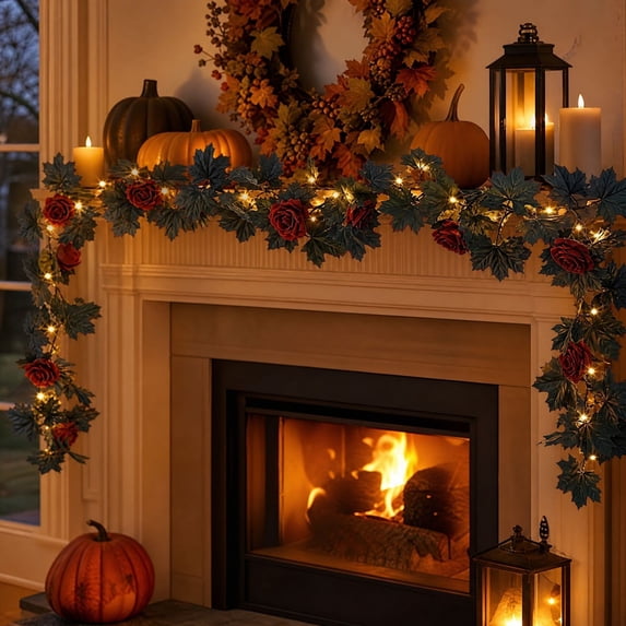 Fall Maple Leaf & Rose Garland with Lights, 5.74ft Autumn Vine Garland with Warm LED, Realistic Hanging Decor for Halloween Thanksgiving Mantel & Door