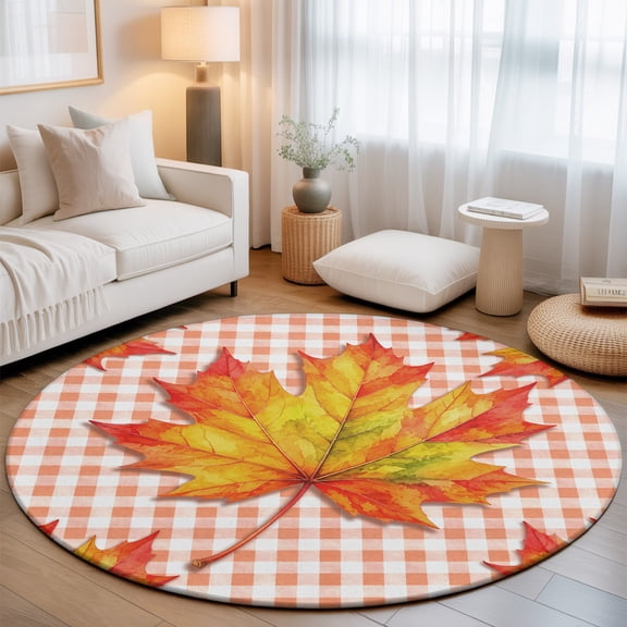 Fall Maple Leaf Round Area Rugs 3 ft, Country Farm Orange Leaves Red Plaid Gingham Washable Small Area Rug with Non-Slip Sturdy Edge Binding Round Front Door Mat Floor Carpet for Entryway