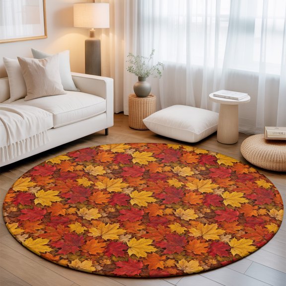 Fall Maple Leaf Round Living Room Rugs 6 ft, Country Harvest Red Orange Yellow Leaves Washable Area Rug with Non-Slip Sturdy Edge Binding Round Carpet for Kitchen Office Bedroom