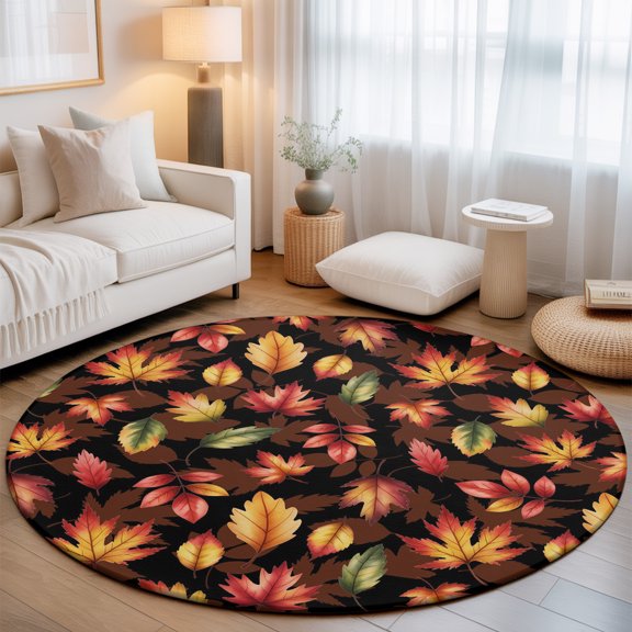 Fall Maple Leaf Round Living Room Rugs 6 ft, Country Watercolor Retro Texture Washable Area Rug with Non-Slip Sturdy Edge Binding Round Carpet for Kitchen Office Bedroom