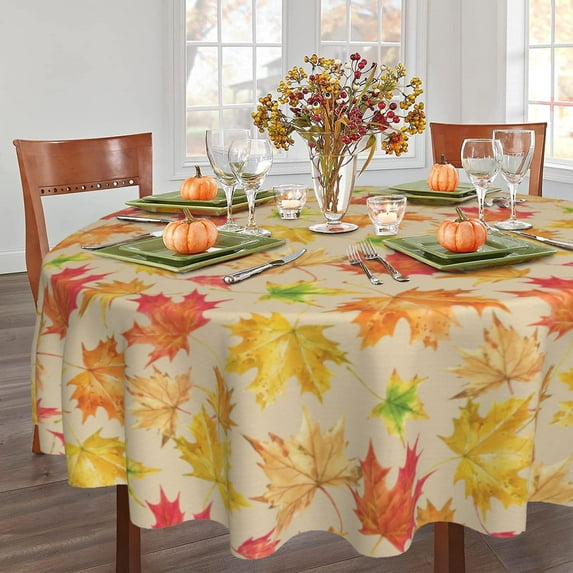 Fall Maple Leaf Round Tablecloth 60 Inch Autumn Thanksgiving Tablecover Anti-Wrinkle Waterproof Wipeable Table Cloth for Kitchen/Home Decoration