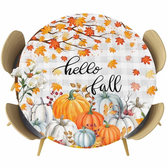 Fall Maple Leaf Round Tablecloth, Fitted Table Cover with Elastic for 55"-60" Round Tables, Thanksgiving Orange White Pumpkin Plaid Table Cloth Outdoor Indoor Dinning Party Waterproof Tablecloths