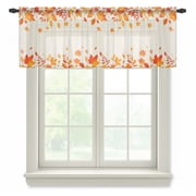 Fall Maple Leaf Semi Sheer Valance Curtains, Red Autumn Plant Falling Leaf Farmhouse Linen Voile Valances Curtain Rod Pocket Small Window Treatment for Kitchen Bathroom Cafe 42"x12"