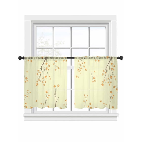Fall Maple Leaf Sheer Curtains 2 Panels Set Yellow Leaves Branch Goose Yellow Background Sheer Window Curtains Light Filtering Rod Pocket Voile Drapes for Bedroom Living Room 52"x54"