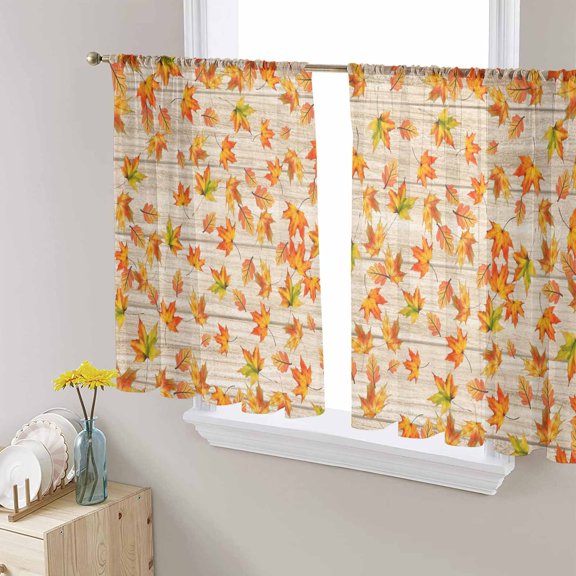 Fall Maple Leaf Sheer Curtains 54 Inches Length 2 Panels Set, Window Sheer Curtains for Living Room/Bedroom, Thanksgiving Farmhouse Wooden Grain Light Filtering Rod Pocket Curtain 52'' x 54'' x 2