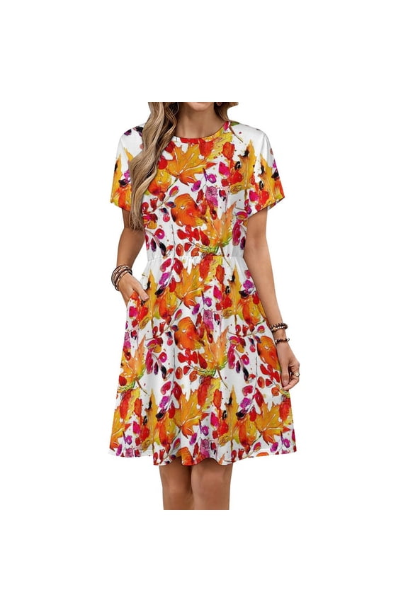 Fall Maple Leaf ! Short Sleeve Dress Women Summer Evening Dresses Ladies Sundress