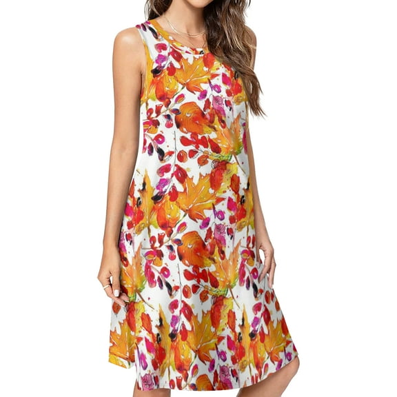 Fall Maple Leaf ! Spring Summer Dresses for Women Fashion T-shirt Dress Casual Sleeveless Loose Sundress with Pockets