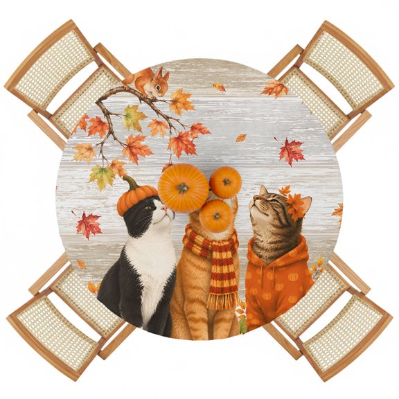 Fall Maple Leaf Squirrel Round Fitted Tablecloth with Elastic Edge,Waterproof Table Cloth Fits 45"-54" Tables,Wipeable Table Cover for Indoor Outdoor Dinning Party,Thanksgiving Cat Pumpkin Sunflower