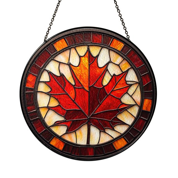 Fall Maple Leaf Stained Glass Circular Window Panel, Warm Seasonal Nature Decor Accent