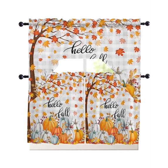Fall Maple Leaf Swag Kitchen Curtains Sets for Windows 24 Inch Length, Thanksgiving Orange White Pumpkin Plaid Short Window Curtain Panels Swags Valances and Tiers 3 Piece Set for Cafe/Dining Room