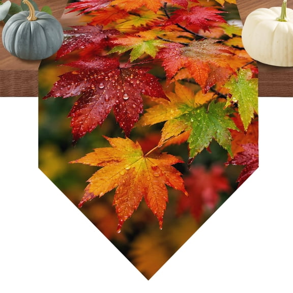 Fall Maple Leaf Table Runner 36 Inches Long Rustic Red Green Leaf Water Droplets Twig Foliage Table Runners for Dining Room Tabletop Dresser Scarf Home Party Banquet Wedding Holiday Decoration