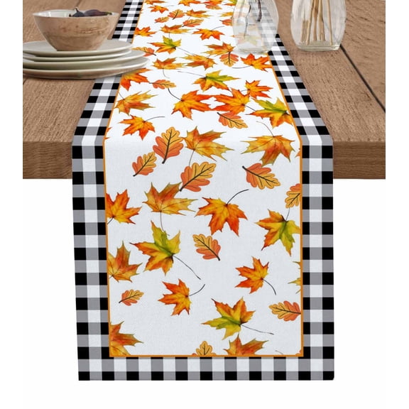 Fall Maple Leaf Table Runner 72 Inches, Thanksgiving Autumn Black White Plaid Bed Runner Dresser Scarves Tabletop for Indoor Outdoor Parties/Ceremony/Banquet, 14" x 72"