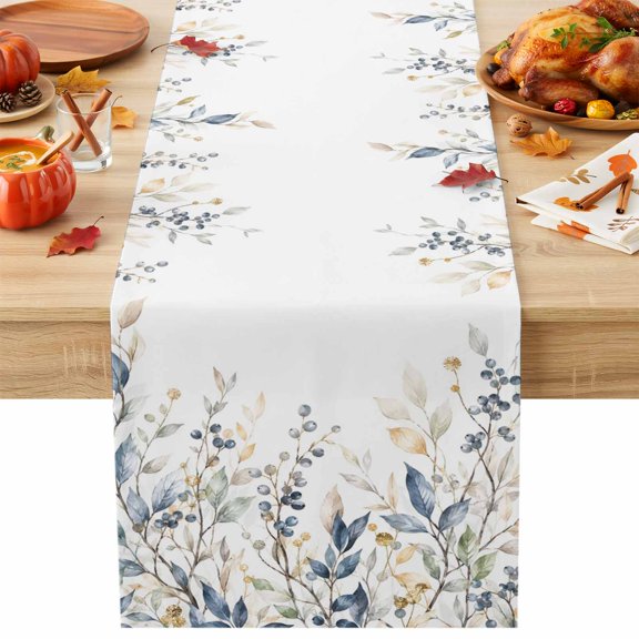 Fall Maple Leaf Table Runner, Country Botanical Minimalist Blue Green Leaf Berry Cotton Linen Kitchen Table Decoration Washable Dining Tabletop Runners for Home Party Decor 13x36 Inches
