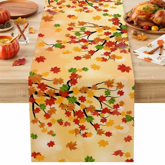 Fall Maple Leaf Table Runner, Country Pastoral Red Green Orange Leaves Tree Cotton Linen Kitchen Table Decoration Washable Dining Tabletop Runners for Home Party Decor 13x36 Inches