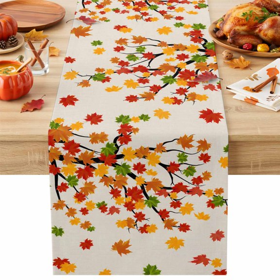 Fall Maple Leaf Table Runner, Country Vintage Farmhouse Red Green Leaves Tree Cotton Linen Kitchen Table Decoration Washable Dining Tabletop Runners for Home Party Decor 13x36 Inches