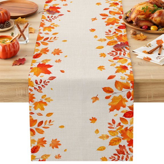 Fall Maple Leaf Table Runner, Red Autumn Plant Falling Leaf Farmhouse Linen Cotton Linen Kitchen Table Decoration Washable Dining Tabletop Runners for Home Party Decor 13x48 Inches
