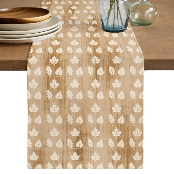 Fall Maple Leaf Table Runner, Rustic Minimalist Beige Brown Textile Texture Cotton Linen Table Cloth, Tablerunner for Kitchen Dining Party Wedding Home Decor 13x108 Inch