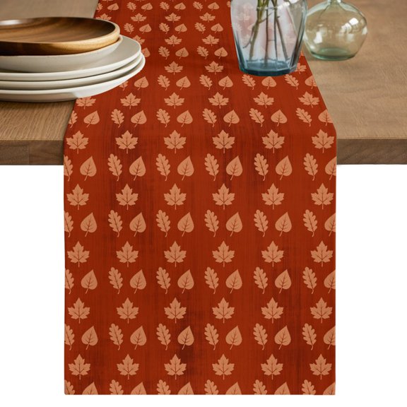 Fall Maple Leaf Table Runner, Rustic Minimalist Orange Brown Textile Texture Cotton Linen Table Cloth, Tablerunner for Kitchen Dining Party Wedding Home Decor 13x72 Inch