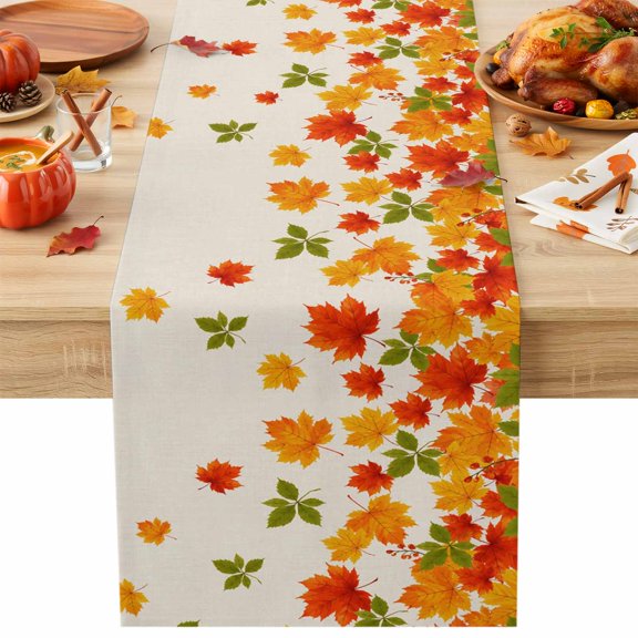 Fall Maple Leaf Table Runner, Rustic Orange Green Falling Foliage Linen Texture Cotton Linen Kitchen Table Decoration Washable Dining Tabletop Runners for Home Party Decor 13x90 Inches