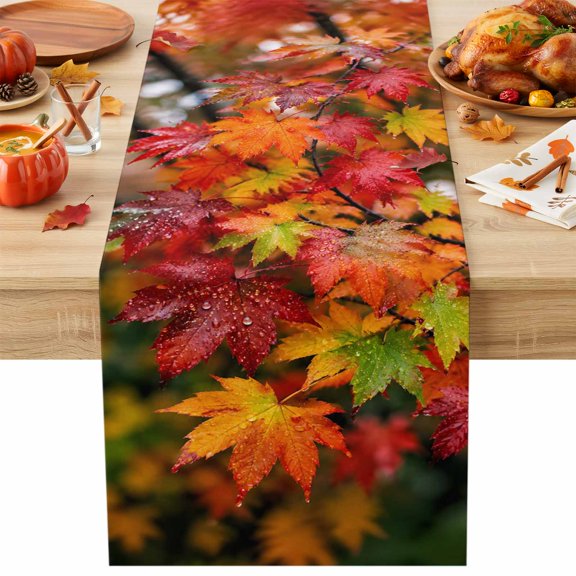 Fall Maple Leaf Table Runner, Rustic Red Green Leaf Water Droplets Twig Foliage Cotton Linen Kitchen Table Decoration Washable Dining Tabletop Runners for Home Party Decor 13x108 Inches