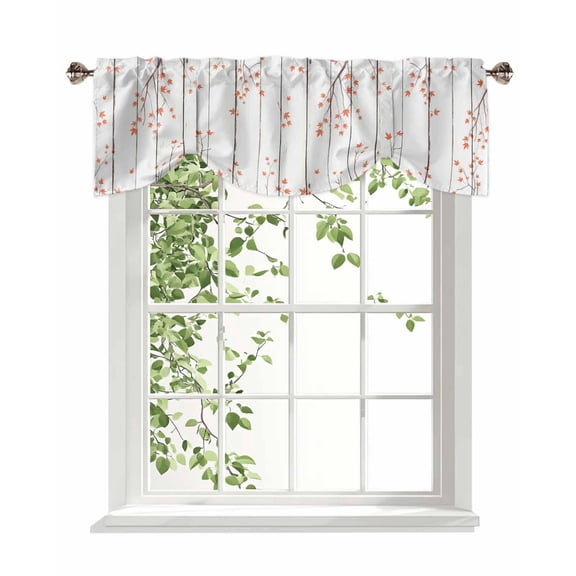 Fall Maple Leaf Tie Up Valances Curtain, Adjustable Kitchen Red Brown Leaves Branch White Wood Strips Valances for Windows Decor, Rod Pocket Short Curtains Set for Bedroom/Bathroom, 42"x18"