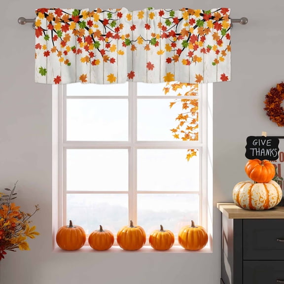 Fall Maple Leaf Valance Curtain 1 Panel, Country Farmhouse Red Green Leaves Tree Wood Grain Kitchen Valance with Rod Pocket Window Treatment Short Curtains for Bathroom Bedroom, 56 x 16 Inches