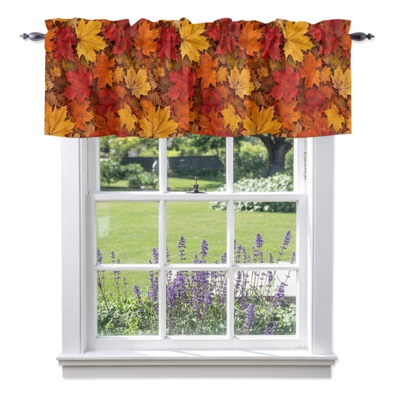 Fall Maple Leaf Valances for Windows, Country Harvest Red Orange Yellow Leaves Rod Pocket Valance Short Window Treatments Curtains for Kitchen Bathroom Bedroom Decor, 60 x 18 Inches